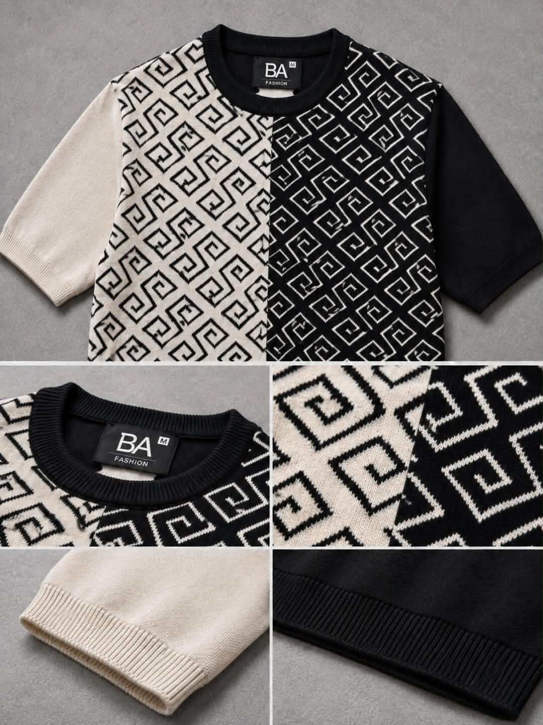 Premium Black & White Crew Neck Knitted T-Shirt for Men
