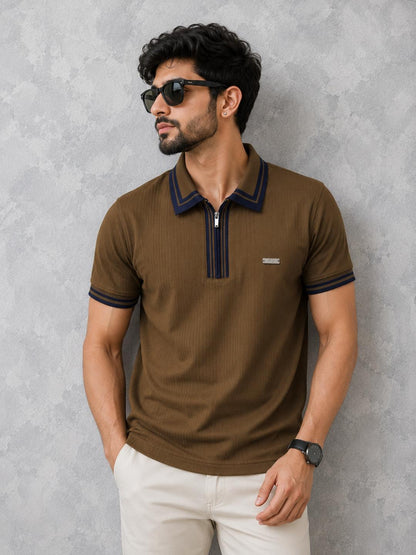 Premium Ribbed Zip Polo T-Shirt for Men - Brown