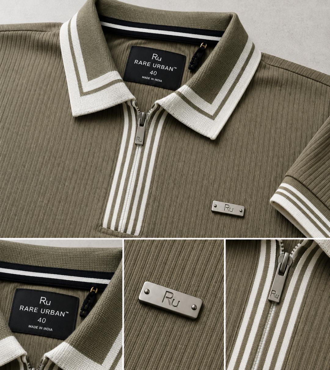 Premium Ribbed Zip Polo T-Shirt for Men - Olive Green