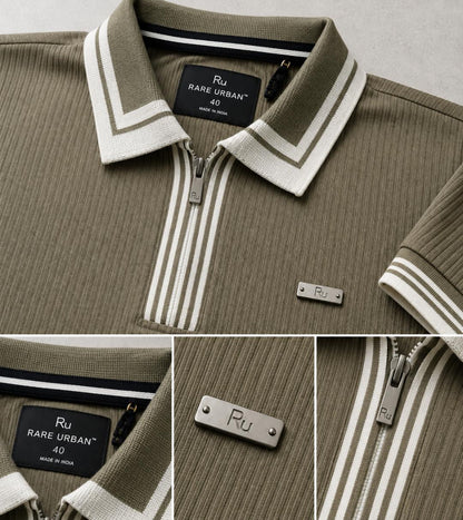 Premium Ribbed Zip Polo T-Shirt for Men - Olive Green