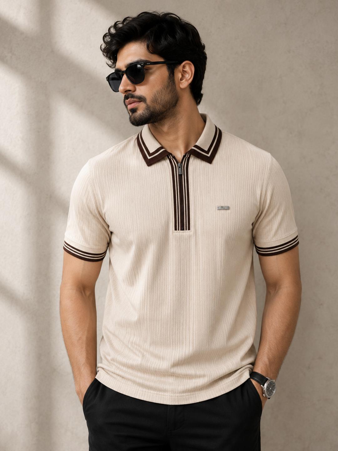 Premium Ribbed Zip Polo T-Shirt for Men - Cream