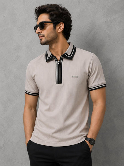 Premium Ribbed Zip Polo T-Shirt for Men - Beige 1