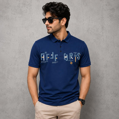Premium Cotton Lycra Printed Polo T-Shirt for Men - Indigo Blue