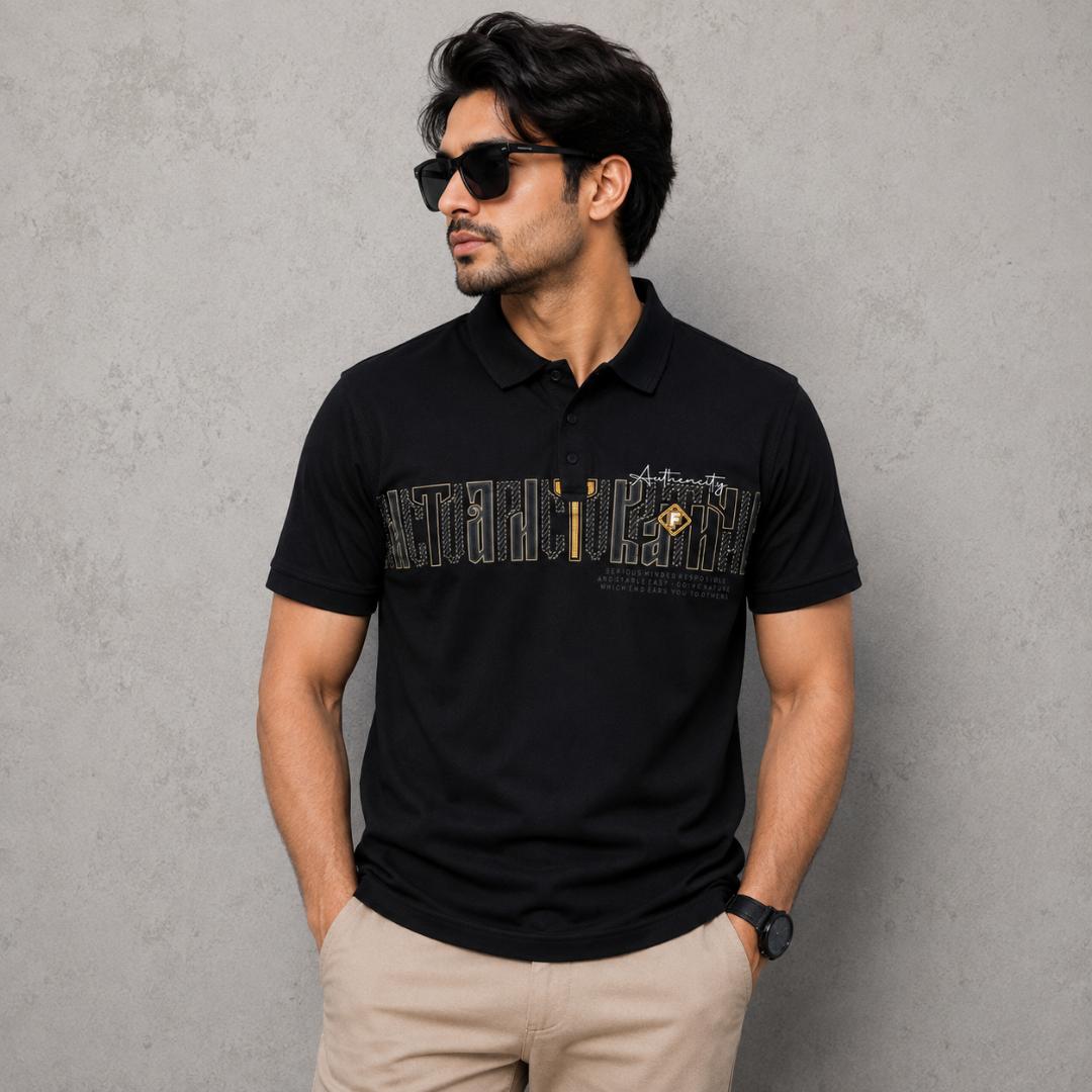 Premium Cotton Lycra Printed Polo T-Shirt for Men - Black