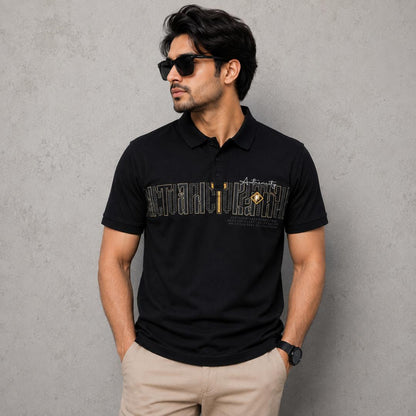 Premium Cotton Lycra Printed Polo T-Shirt for Men - Black