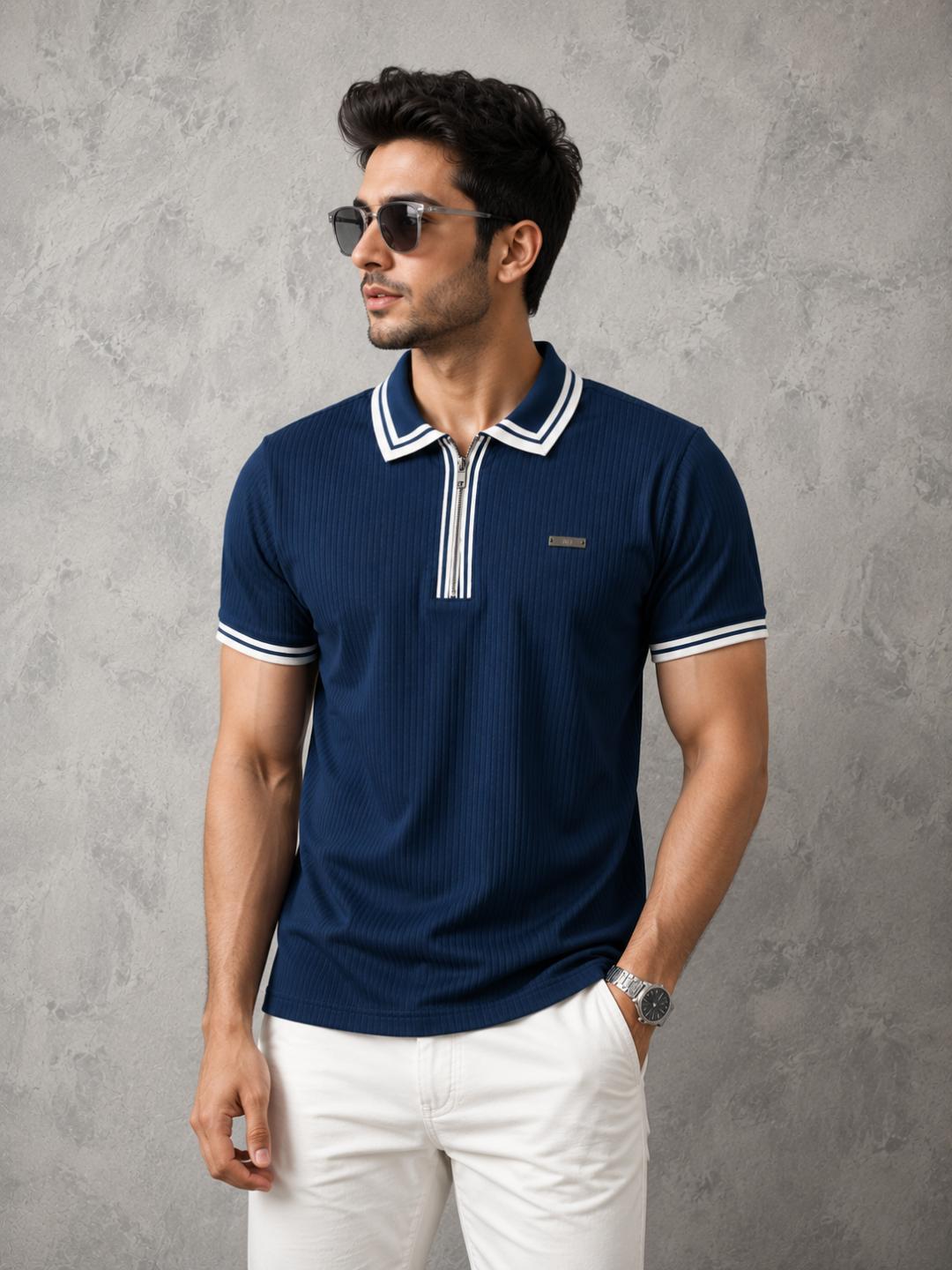 Premium Ribbed Zip Polo T-Shirt for Men - Navy Blue