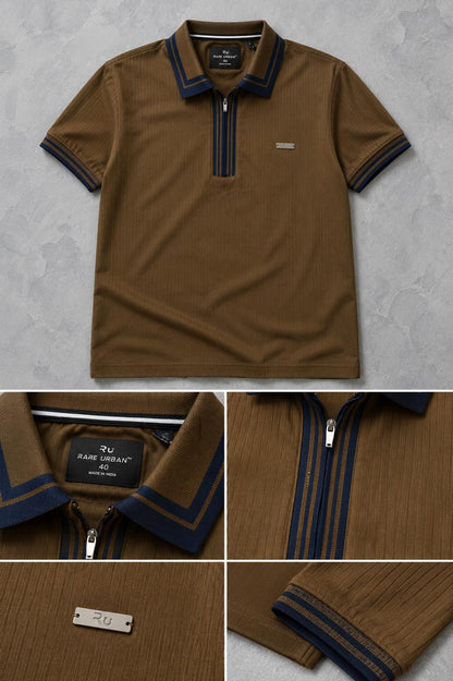 Premium Ribbed Zip Polo T-Shirt for Men - Brown