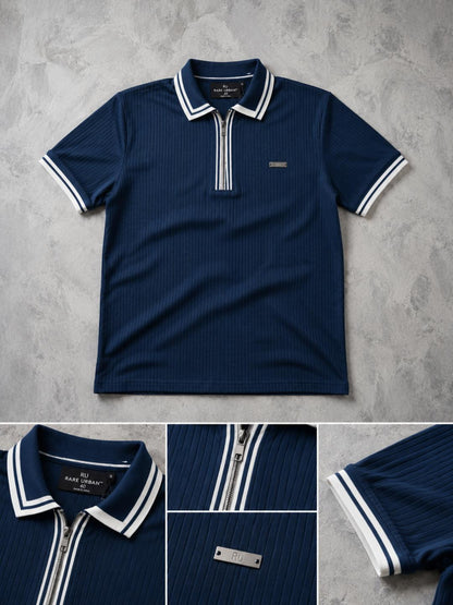 Premium Ribbed Zip Polo T-Shirt for Men - Navy Blue