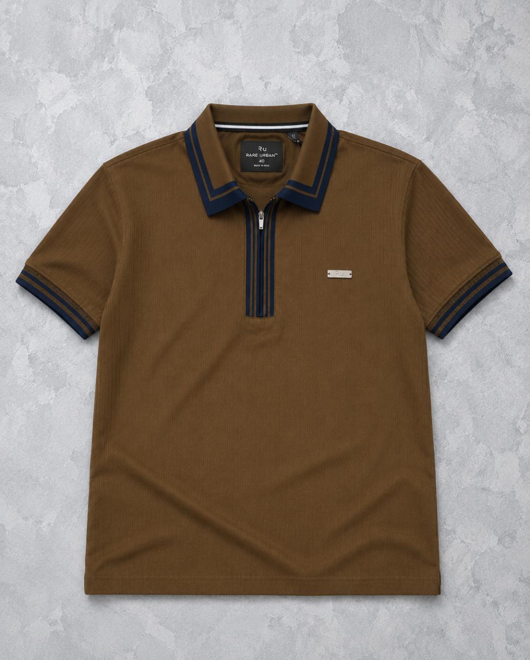 Premium Ribbed Zip Polo T-Shirt for Men - Brown