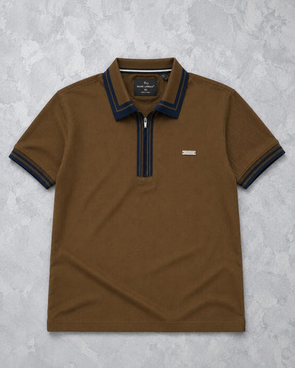 Premium Ribbed Zip Polo T-Shirt for Men - Brown