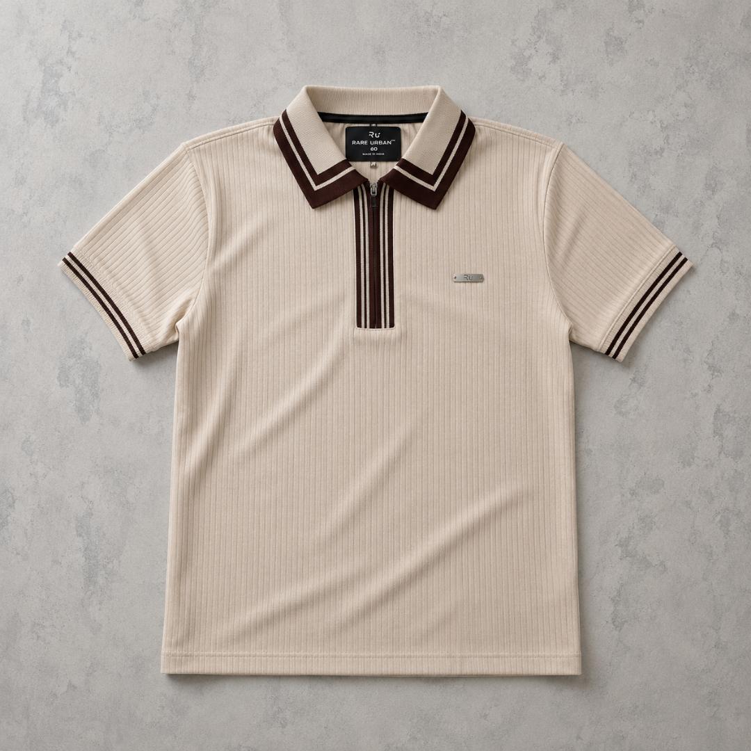 Premium Ribbed Zip Polo T-Shirt for Men - Cream