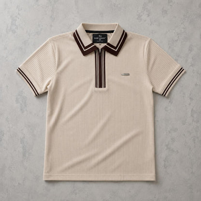 Premium Ribbed Zip Polo T-Shirt for Men - Cream