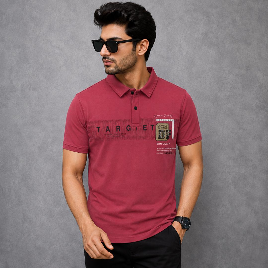 Premium Cotton Lycra Printed Polo T-Shirt for Men - Dusty Rose