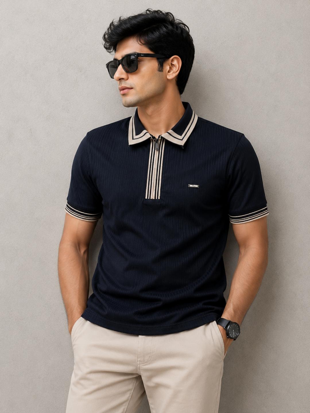 Premium Ribbed Zip Polo T-Shirt for Men - Black