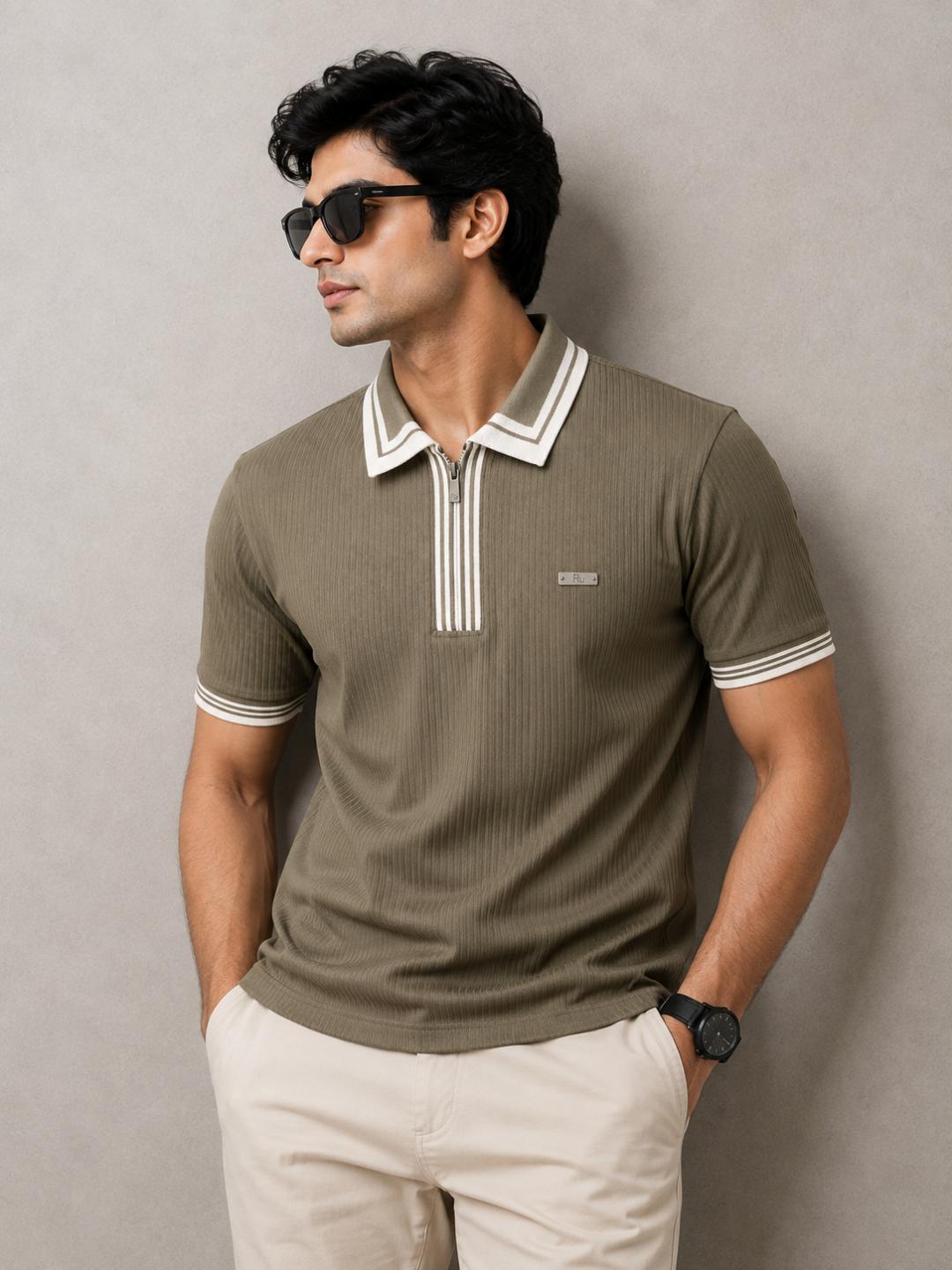Premium Ribbed Zip Polo T-Shirt for Men - Olive Green
