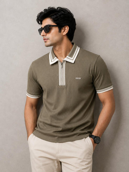 Premium Ribbed Zip Polo T-Shirt for Men - Olive Green