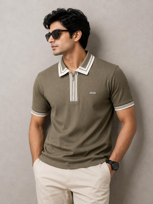 Premium Ribbed Zip Polo T-Shirt for Men - Olive Green