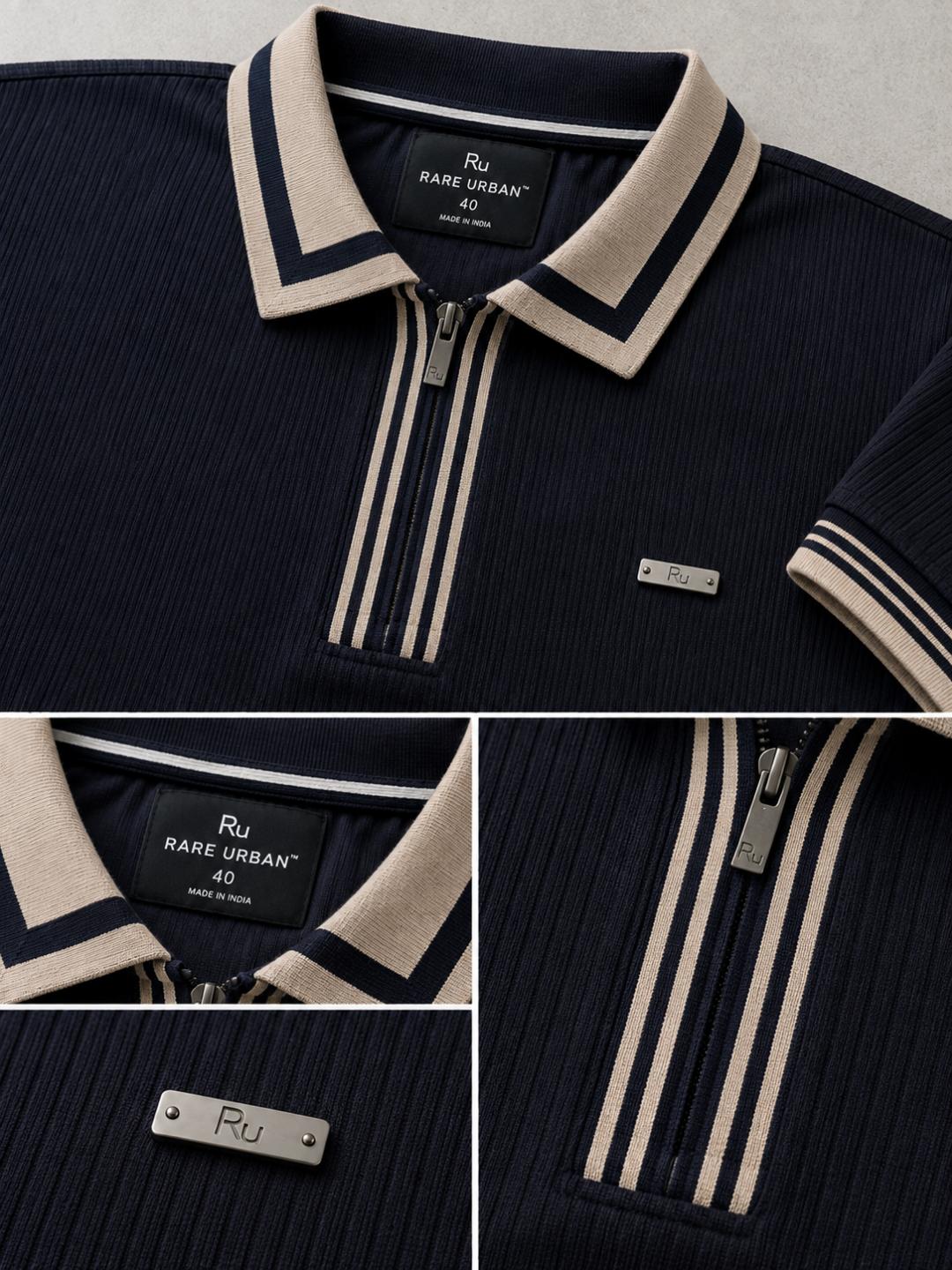 Premium Ribbed Zip Polo T-Shirt for Men - Black
