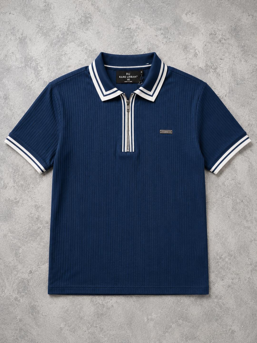 Premium Ribbed Zip Polo T-Shirt for Men - Navy Blue