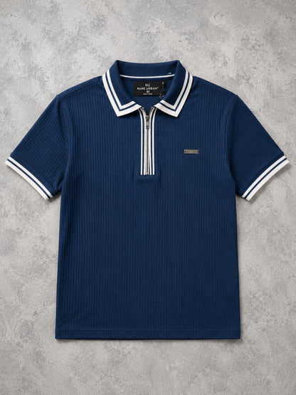 Premium Ribbed Zip Polo T-Shirt for Men - Navy Blue