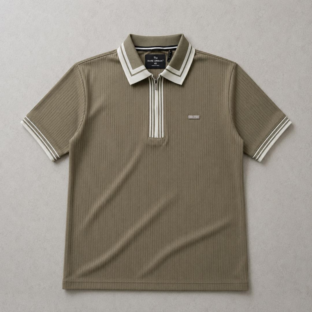 Premium Ribbed Zip Polo T-Shirt for Men - Olive Green