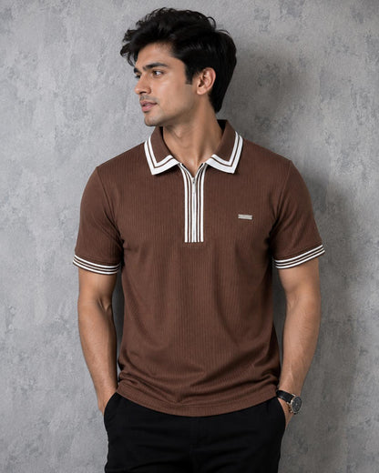 Premium Ribbed Zip Polo T-Shirt for Men - Coffee Brown