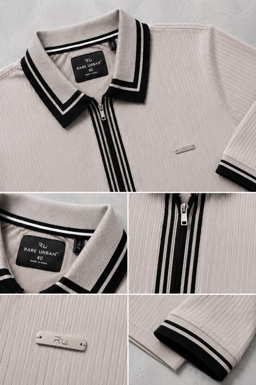 Premium Ribbed Zip Polo T-Shirt for Men - Beige 1