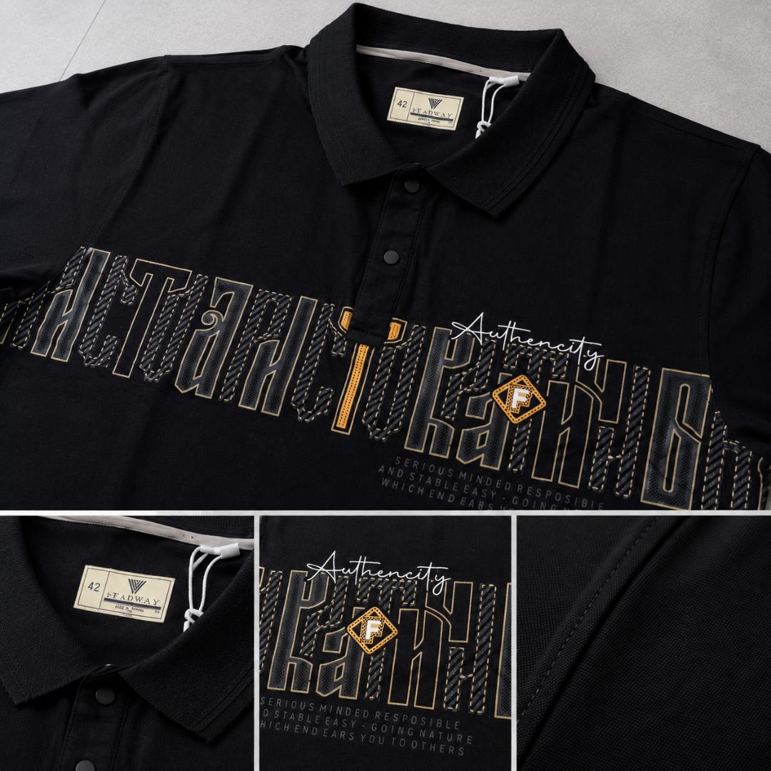 Premium Cotton Lycra Printed Polo T-Shirt for Men - Black