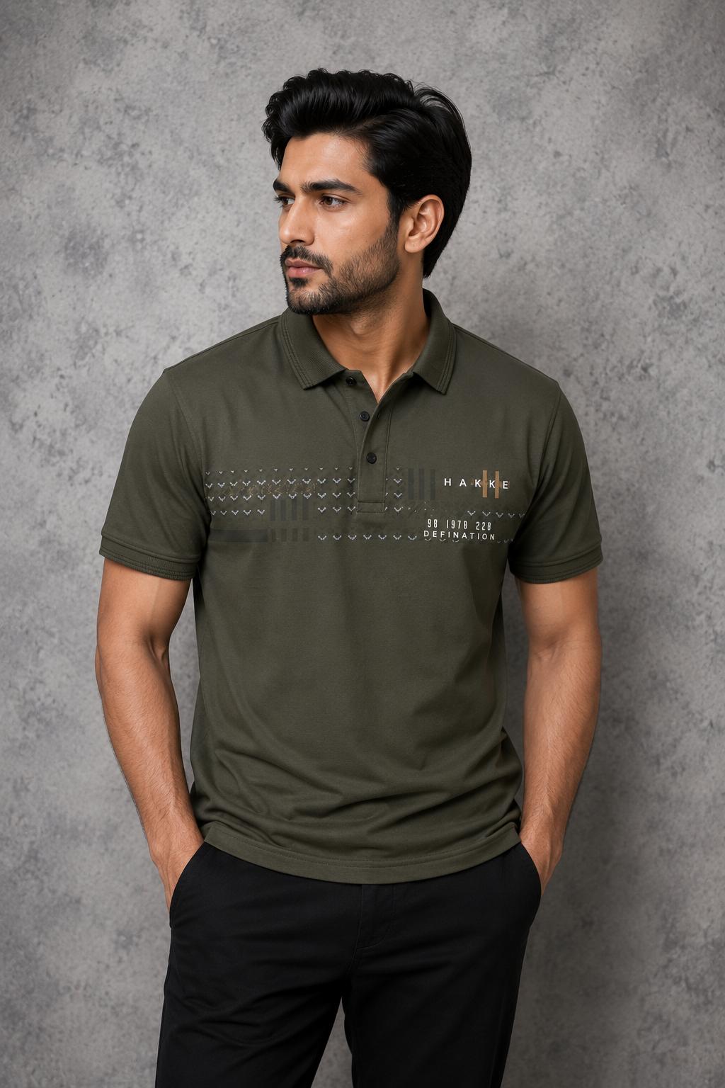 Premium Cotton Lycra Printed Polo T-Shirt for Men - Olive Green