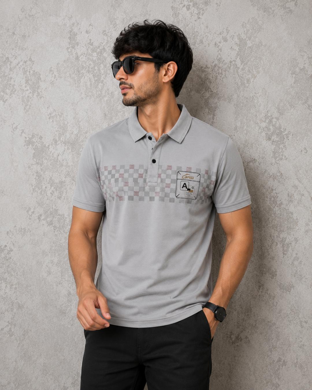 Premium Cotton Lycra Printed Polo T-Shirt for Men - Light Grey