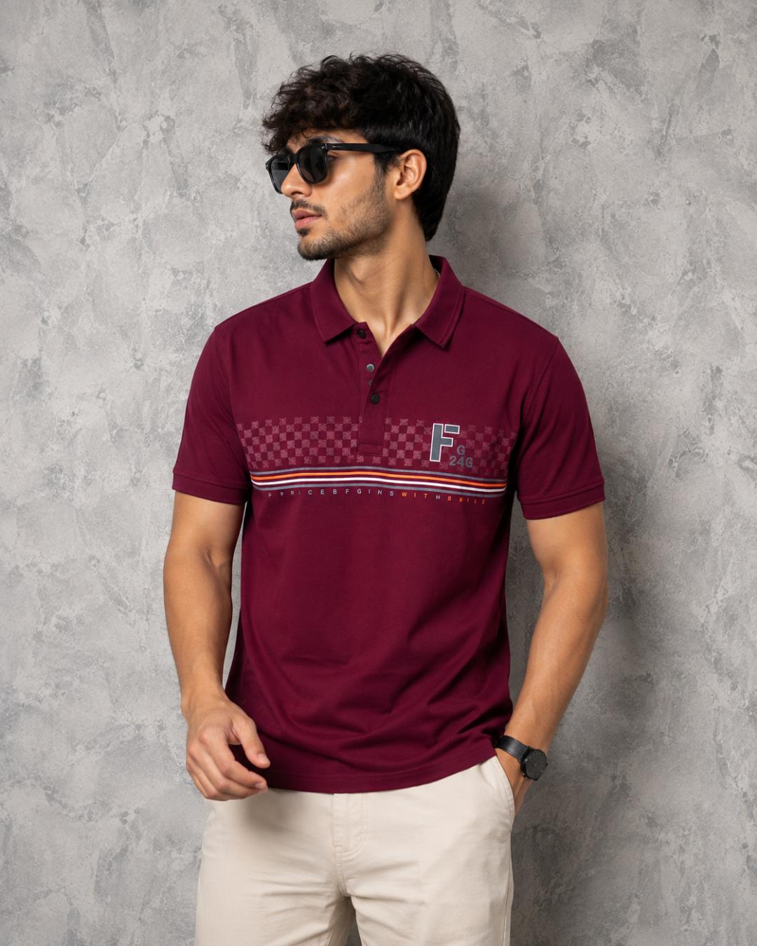 Premium Cotton Lycra Printed Polo T-Shirt for Men - Maroon
