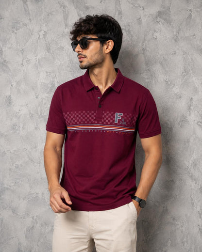 Premium Cotton Lycra Printed Polo T-Shirt for Men - Maroon