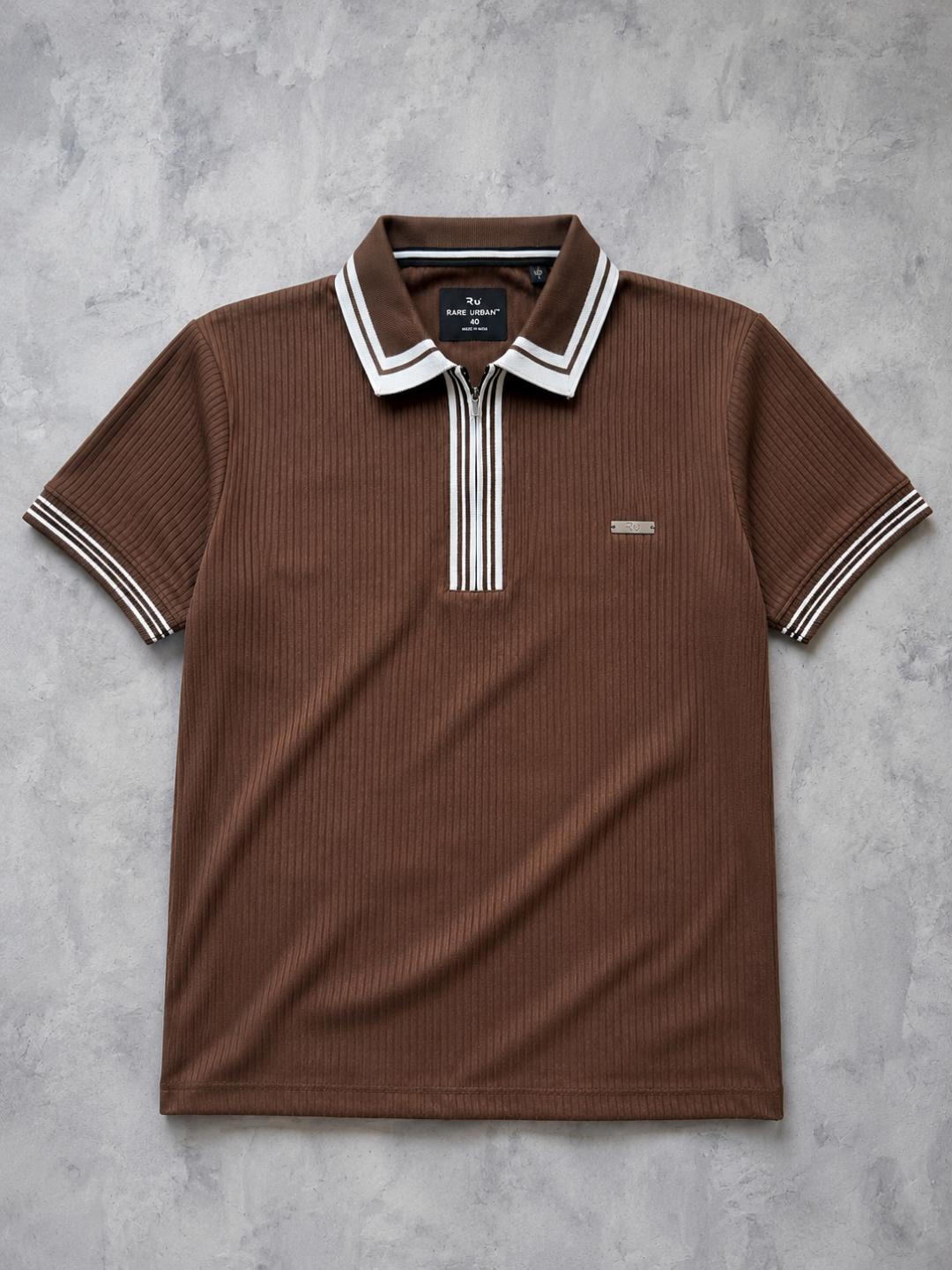 Premium Ribbed Zip Polo T-Shirt for Men - Coffee Brown