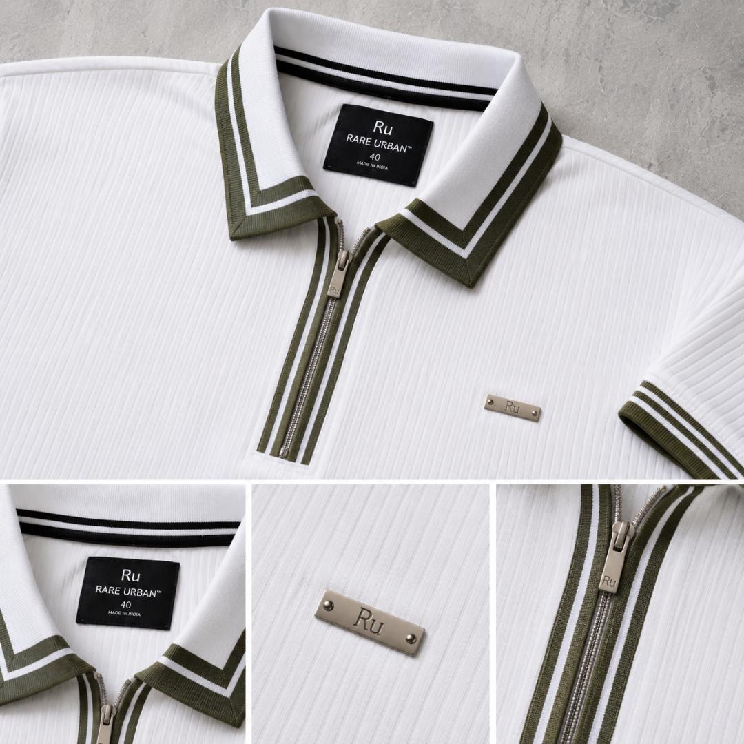 Premium Ribbed Zip Polo T-Shirt for Men - White