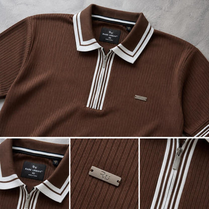 Premium Ribbed Zip Polo T-Shirt for Men - Coffee Brown