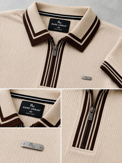 Premium Ribbed Zip Polo T-Shirt for Men - Cream
