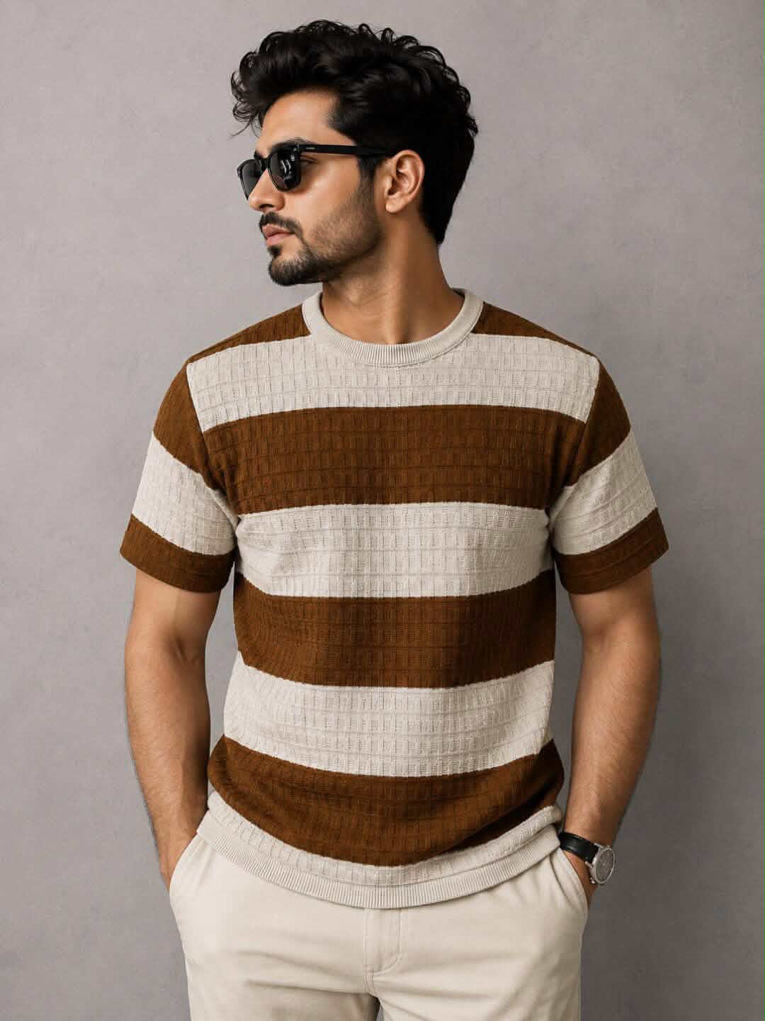Premium Beige & Brown Crew Neck Knitted T-Shirt for Men