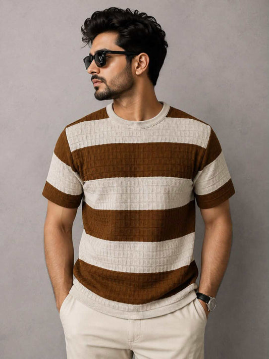 Premium Beige & Brown Crew Neck Knitted T-Shirt for Men