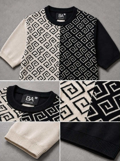 Premium Black & White Crew Neck Knitted T-Shirt for Men