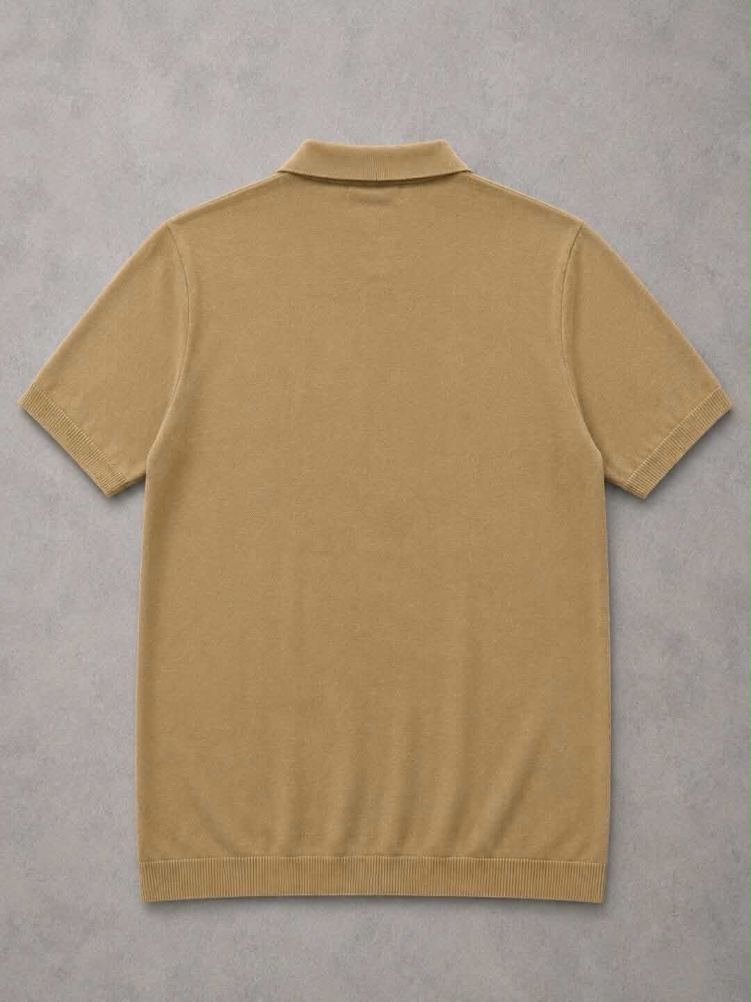 Men's Knitted Polo T-Shirt - Geometric Pattern Slim Fit | Khaki