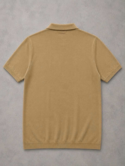 Men's Knitted Polo T-Shirt - Geometric Pattern Slim Fit | Khaki