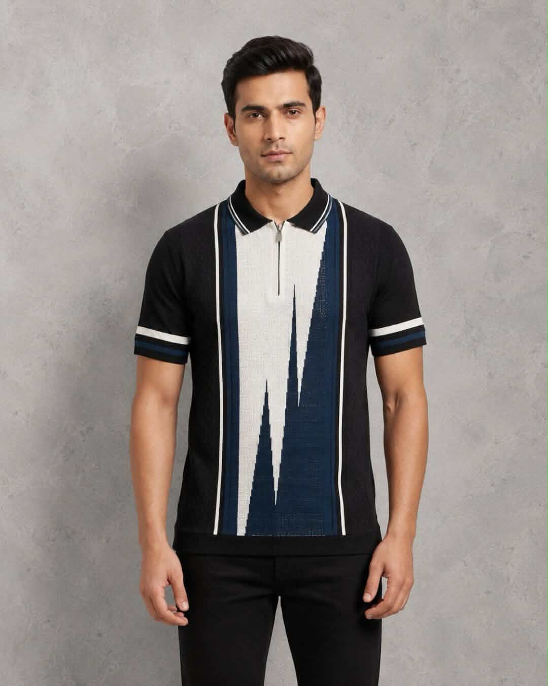 Premium Black & Teal Knitted Zipper Polo T-Shirt for Men