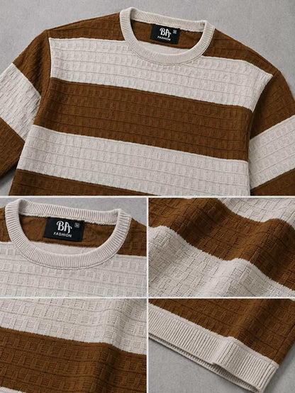 Premium Beige & Brown Crew Neck Knitted T-Shirt for Men