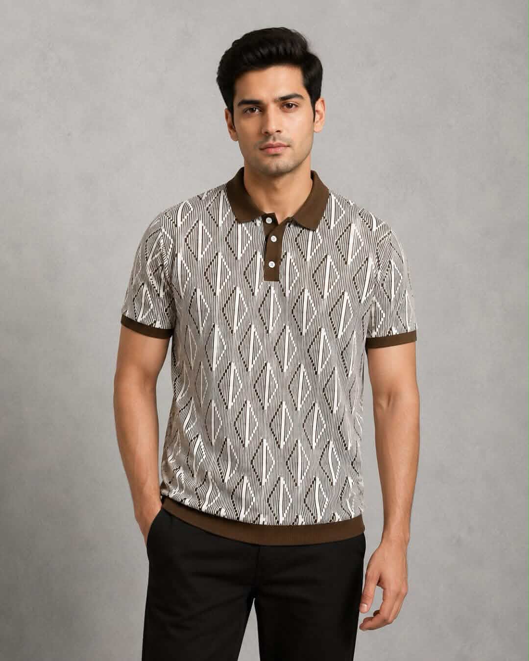 Premium Brown & White Knitted Polo Shirt for Men