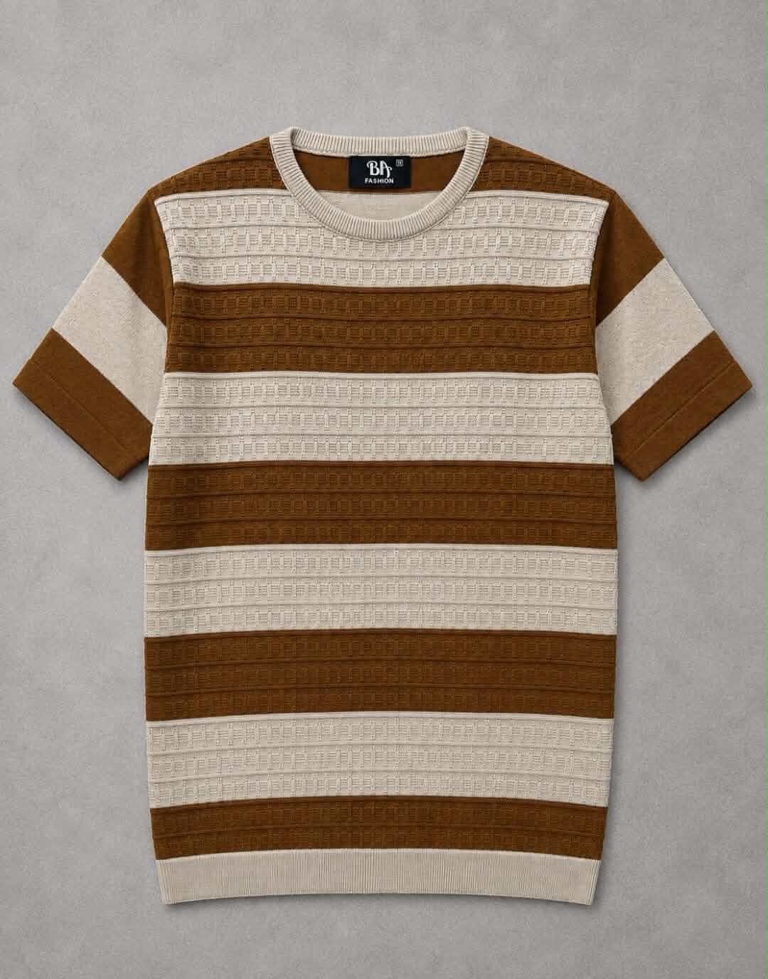 Premium Beige & Brown Crew Neck Knitted T-Shirt for Men
