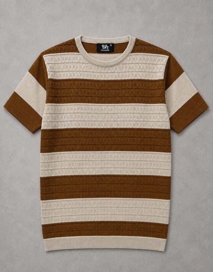 Premium Beige & Brown Crew Neck Knitted T-Shirt for Men