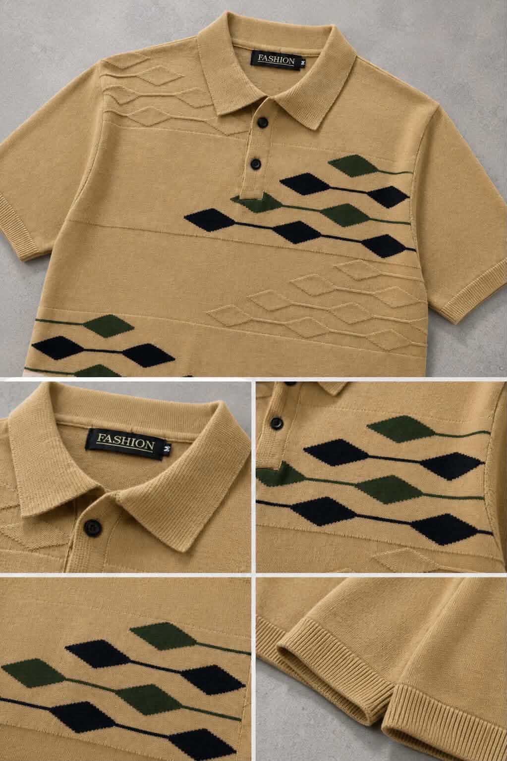 Men's Knitted Polo T-Shirt - Geometric Pattern Slim Fit | Khaki