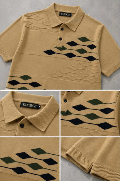 Men's Knitted Polo T-Shirt - Geometric Pattern Slim Fit | Khaki
