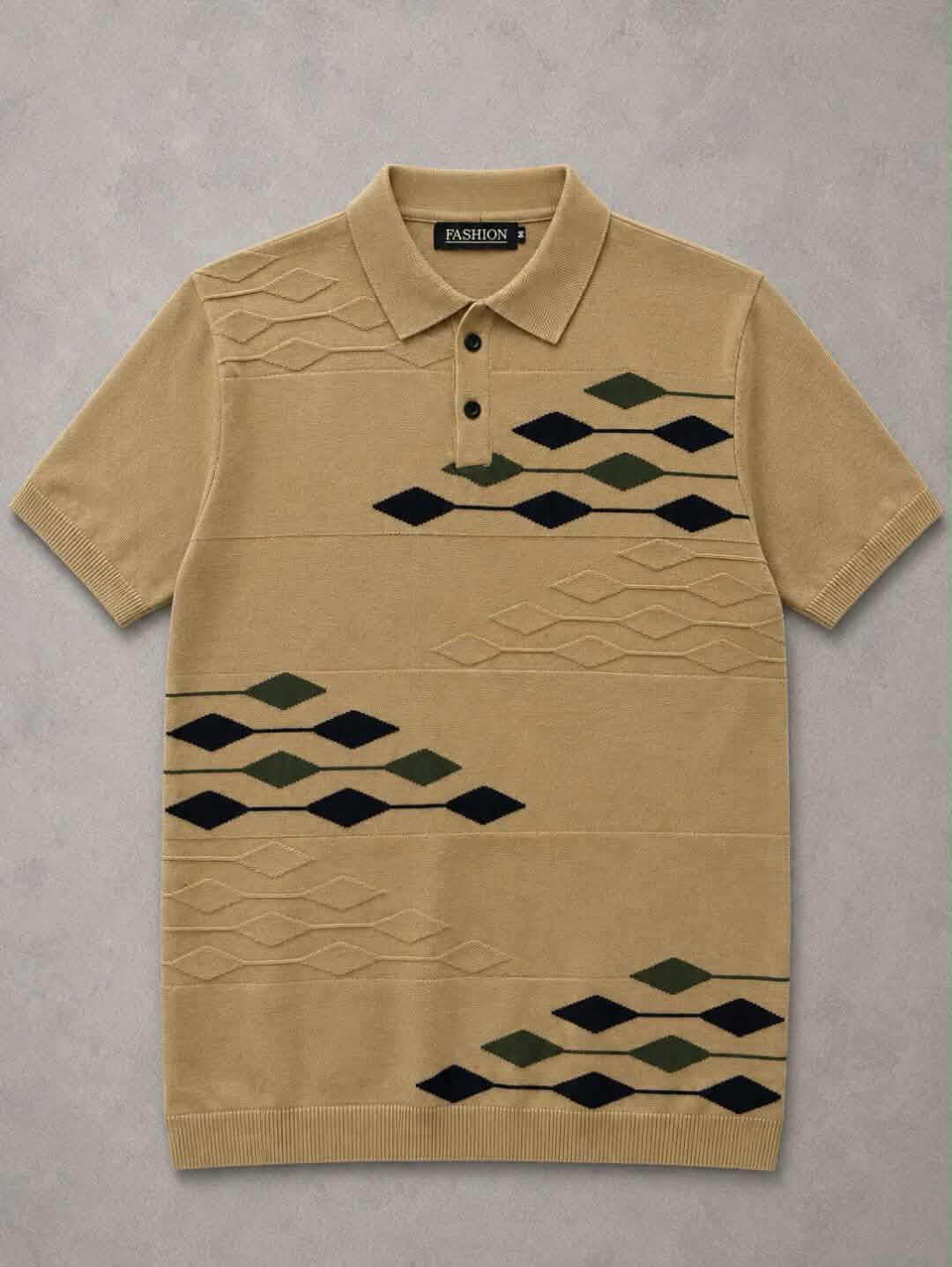 Men's Knitted Polo T-Shirt - Geometric Pattern Slim Fit | Khaki