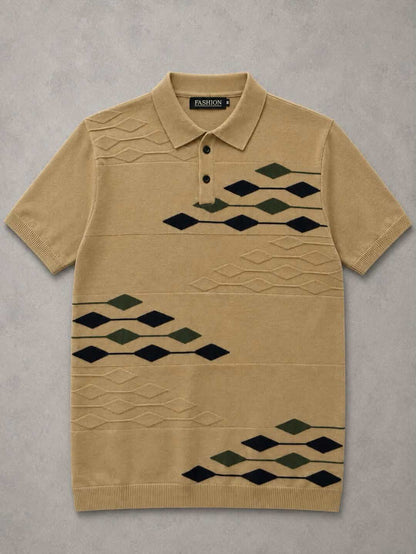 Men's Knitted Polo T-Shirt - Geometric Pattern Slim Fit | Khaki